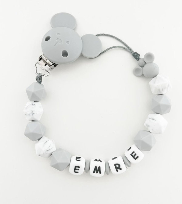 Schnullerkette Grau Mickey mit Silikon Perlen